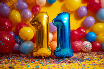 Colorful celebration with numbered balloons and confetti backdrop
