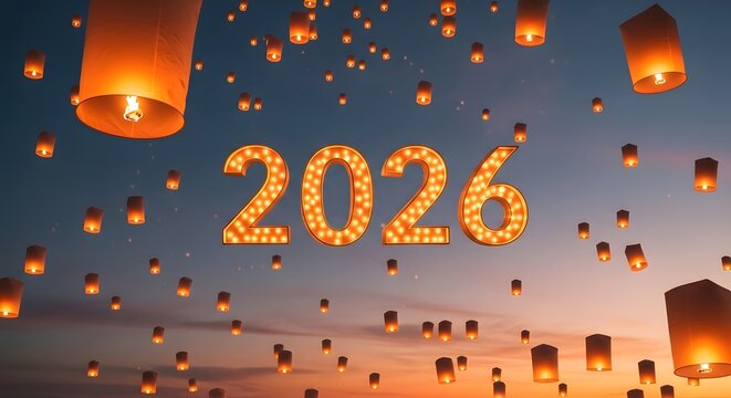 Glowing 2026 numbers illuminated by a sky full of floating lanterns at dusk