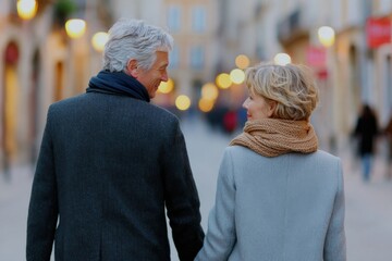 Mature couple walking hand in hand through a charming street, illuminated by warm lights, enjoying a romantic evening stroll together, showcasing love and connection