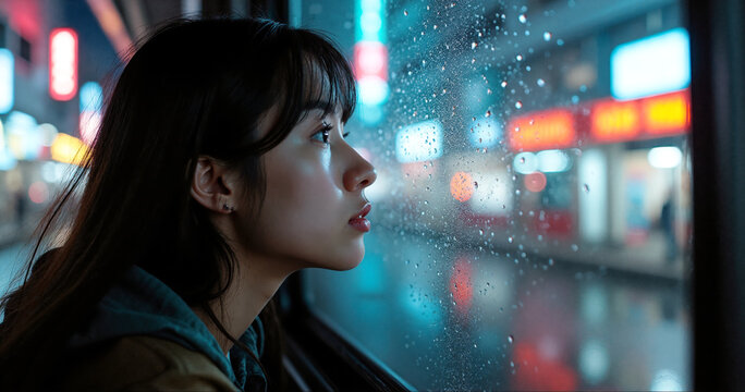 A young woman with a pensive expression looks through the rain-streaked window of a night bus. Cinematic, moody lighting, photorealistic. - Powered by Adobe