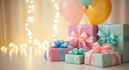 Festive birthday gifts wrapped in pastel colors with balloons and twinkling lights