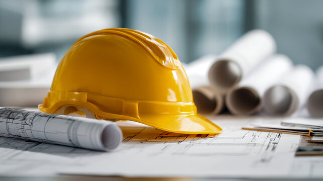 Yellow safety helmet placed on architectural blueprints with rolled plans and drawing tools on a modern workspace for construction project planning