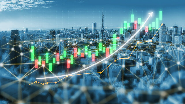 A panoramic view of an urban skyline overlaid with stock market data visualization, showcasing trends in finance and economic growth for analytical purposes. Impute