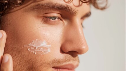 Close up a young man applying moisturizer on his face, grooming skincare and highlighting male video 4k