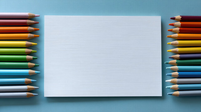 White rectangular paper with colorful pencils arranged on blue background, creative art concept, vibrant and playful mood