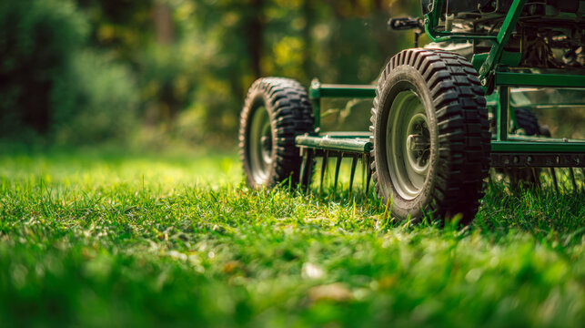 Green manual lawn dethatcher with large wheels preparing a healthy lush grass lawn for spring growth in a sunny backyard garden setting