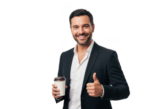 Smiling confident businessman in a suit holding a coffee cup and giving a thumbs up gesture against a black background