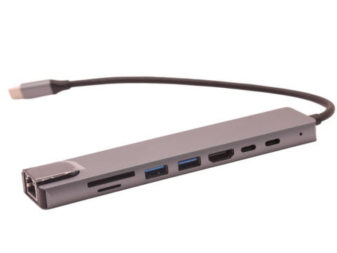 USB-C Hub Station with Multiple Ports and a Cable, Isolated on Transparent	