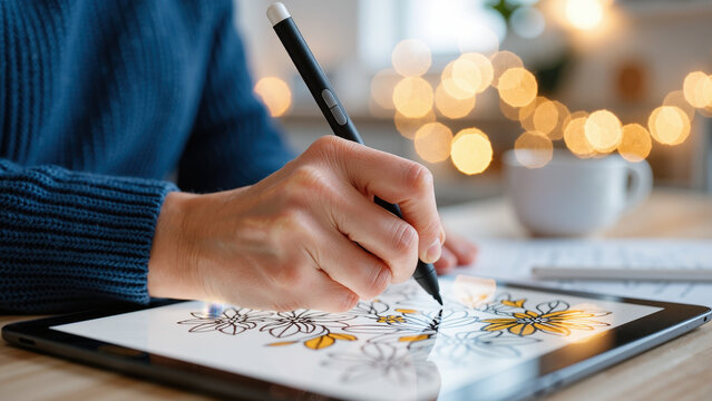 close-up of a person using a digital pen to draw floral artwork on a tablet in cozy creative indoor environment