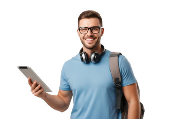 Smiling young man with glasses and headphones holding a tablet and wearing a backpack against a black background ready for learning or travel