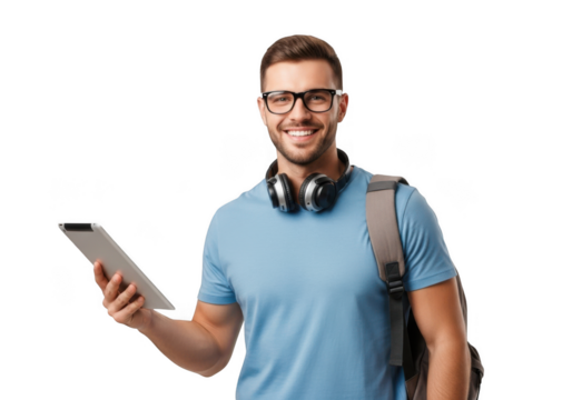 Smiling young man with glasses and headphones holding a tablet and wearing a backpack against a black background ready for learning or travel