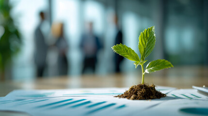 Small green plant growing from soil on financial report with blurred business people and modern office background showing growth and sustainability concept