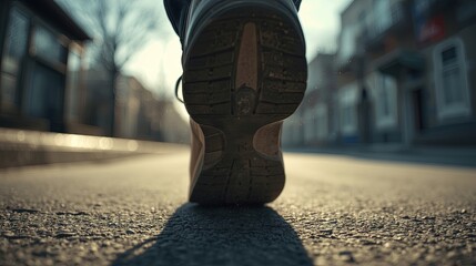 Ground-level perspective showing a dynamic upward view beneath a moving step, highlighting detailed sole textures, dust, high-contrast lighting, and a softly blurred urban scene with sunlight 