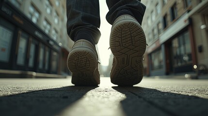 Dynamic ground-up perspective featuring a forward step with sharply defined sole details, natural motion, and bright directional light, set against a gently blurred city scene in a polished, commercia