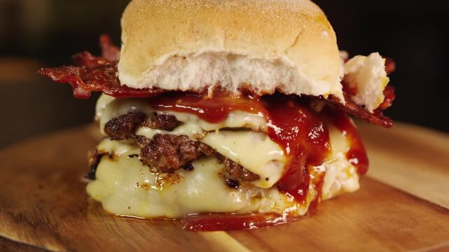 Double deck burger with crispy bacon, melted cheese, and homemade sauces. Juicy, indulgent, and perfectly stacked. Ideal for gourmet fast food promotions and menus.