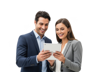 Smiling business professionals collaborate and share information on a tablet device in a modern office setting