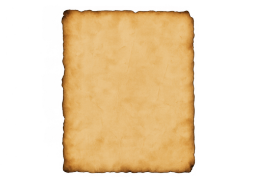 Vintage parchment paper with burnt edges creating an old scroll blank texture on transparent background