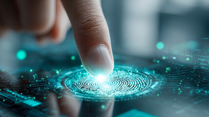 Finger touching a futuristic digital fingerprint scanner with glowing holographic interface symbolizing advanced biometric security technology and identity verificat