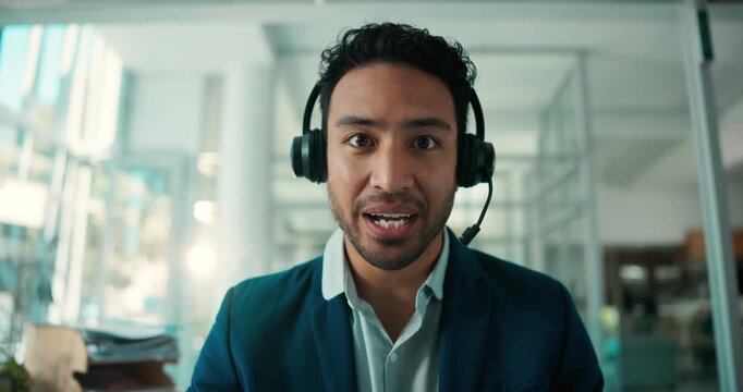 Face, man and talk in office with video call for insurance advice, explain policy and benefits. Consultant, person and online meeting POV for financial service sale, market survey faq and discussion.