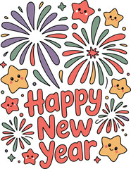 Creative Happy New Year typography t-shirt design featuring clean modern lettering, festive elements and bold layout. Perfect for celebrations, apparel prints and seasonal holiday themes