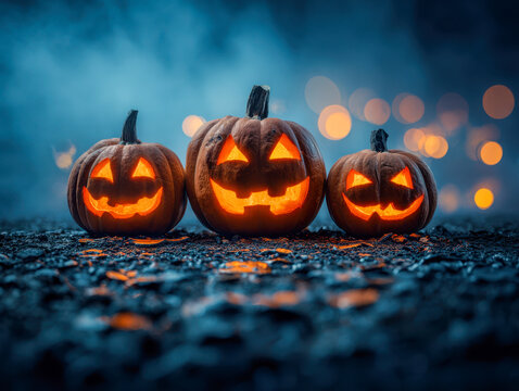 Three glowing carved pumpkins with different smiling faces sitting on rocky ground with blurred glowing lights in the background on a misty night