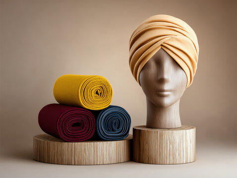 Soft fleece head wrap in beige on mannequin, with rolled yellow, burgundy, and navy wraps, cozy and stylish for winter or fashion accessory