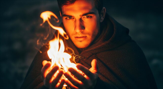 Man, a wizard, holding fire in his bare hands. Fantasy adventure and magic concept for storytelling and hero journey.