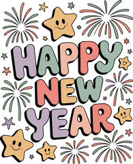 Creative Happy New Year typography t-shirt design featuring clean modern lettering, festive elements and bold layout. Perfect for celebrations, apparel prints and seasonal holiday themes