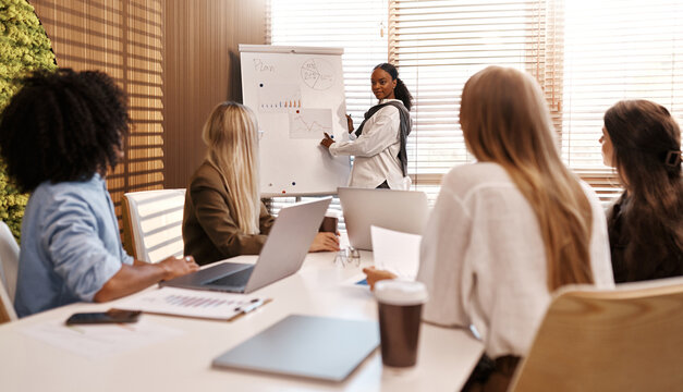 Businesswoman presenting graph to diverse team during office meeting