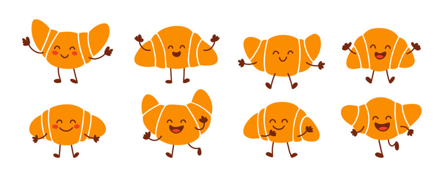 Croissant mascot characters with expressive emotions and playful poses. Bright orange pastry icons and cute food characters in a clean modern illustration style, croissant character set
