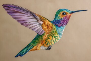 Fototapeta premium Colorful Metal Hummingbird Sculpture Showcasing Exquisite Craftsmanship and Artistry in Dynamic Pose