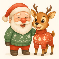 Fototapeta premium Smiling Santa Claus joyfully poses arminarm with a happy reindeer wearing sweaters