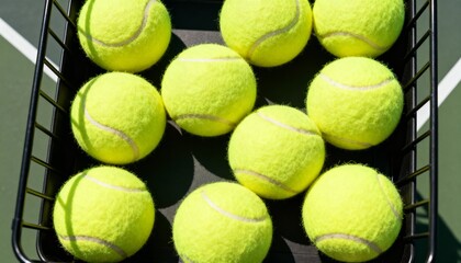 Top-down close-up of tennis balls in a basket on a sunlit court