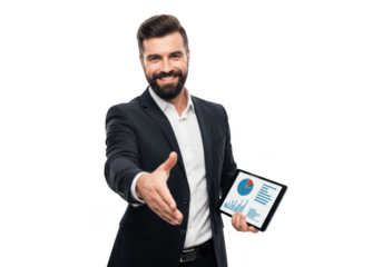 Confident businessman offering a handshake while holding a tablet displaying financial charts and graphs symbolizing partnership and success