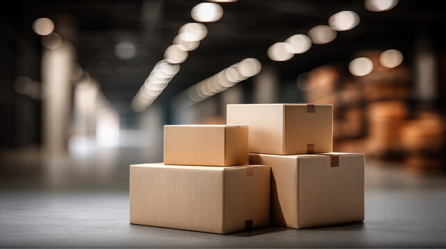 Cardboard boxes stacked in warehouse clean packaging storage shipping logistics industrial background organized bright lighting