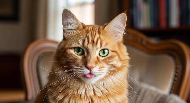 Playful Orange Cat with Green Eyes Sticking Tongue Out