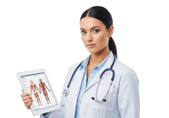 Focused female doctor wearing a stethoscope and white lab coat holds a tablet displaying an anatomical diagram of the human body