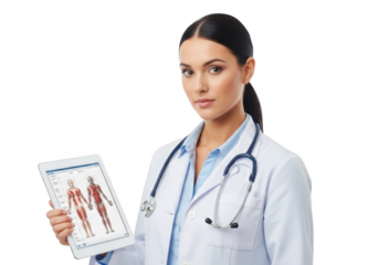 Focused female doctor wearing a stethoscope and white lab coat holds a tablet displaying an anatomical diagram of the human body