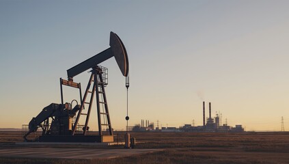 A traditional extraction structure with a distant refinery and chimney releasing smoke, set under clear warm light, emphasizing photorealism, minimalism, and clean industrial aesthetics
