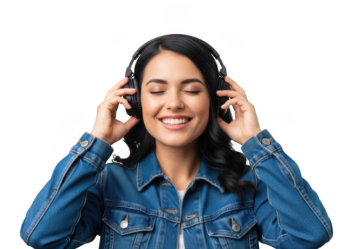 A young woman with eyes closed and a joyful smile listens to music through headphones against a black background