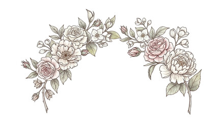 Elegant floral frame with roses and blossoms for wedding invitations, stationery, or greeting cards creating a romantic, timeless, and sophisticated design