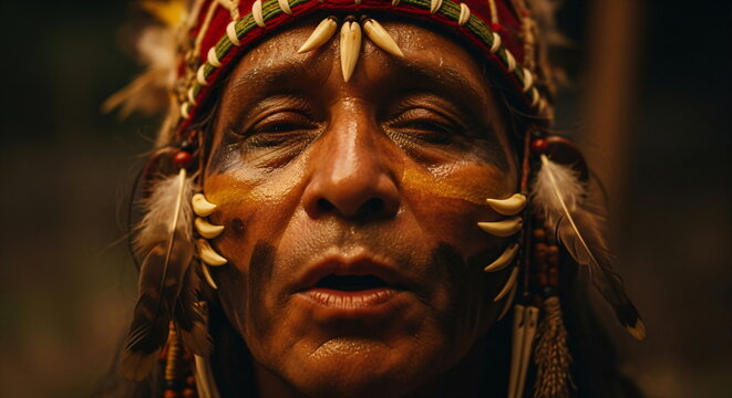 Native american old man with closed eyes wearing traditional headdress against fire background as spiritual wisdom concept - Powered by Adobe