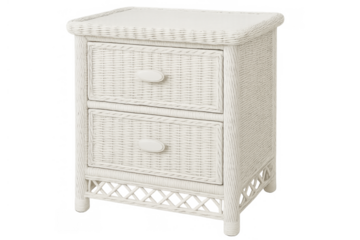 White wicker nightstand offering two woven drawers for bedroom storage, rattan furniture with transparent background