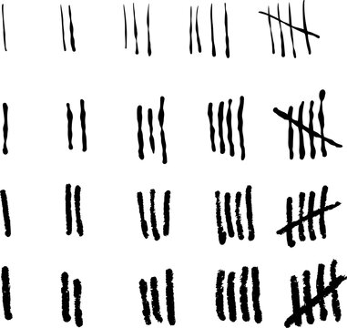 Tally marks set, hand drawn counting lines in grunge brush stroke style. Collection of tally marks set for score keeping and counting.