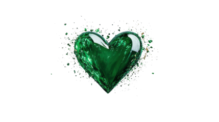 Green Glass Heart with Sparkling Fragments on Transparent Background