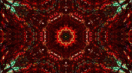 This digital mandala features intricate, symmetrical patterns in bold red, green, and black, creating a striking visual effect.