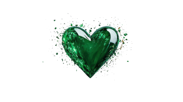 Green Glass Heart with Sparkling Fragments on Transparent Background