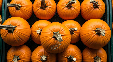 Top-down close-up of fresh orange pumpkins in a market basket
