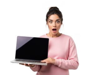 Woman with laptop expressing shock isolated on transparent background