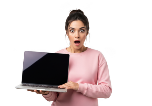 Woman with laptop expressing shock isolated on transparent background